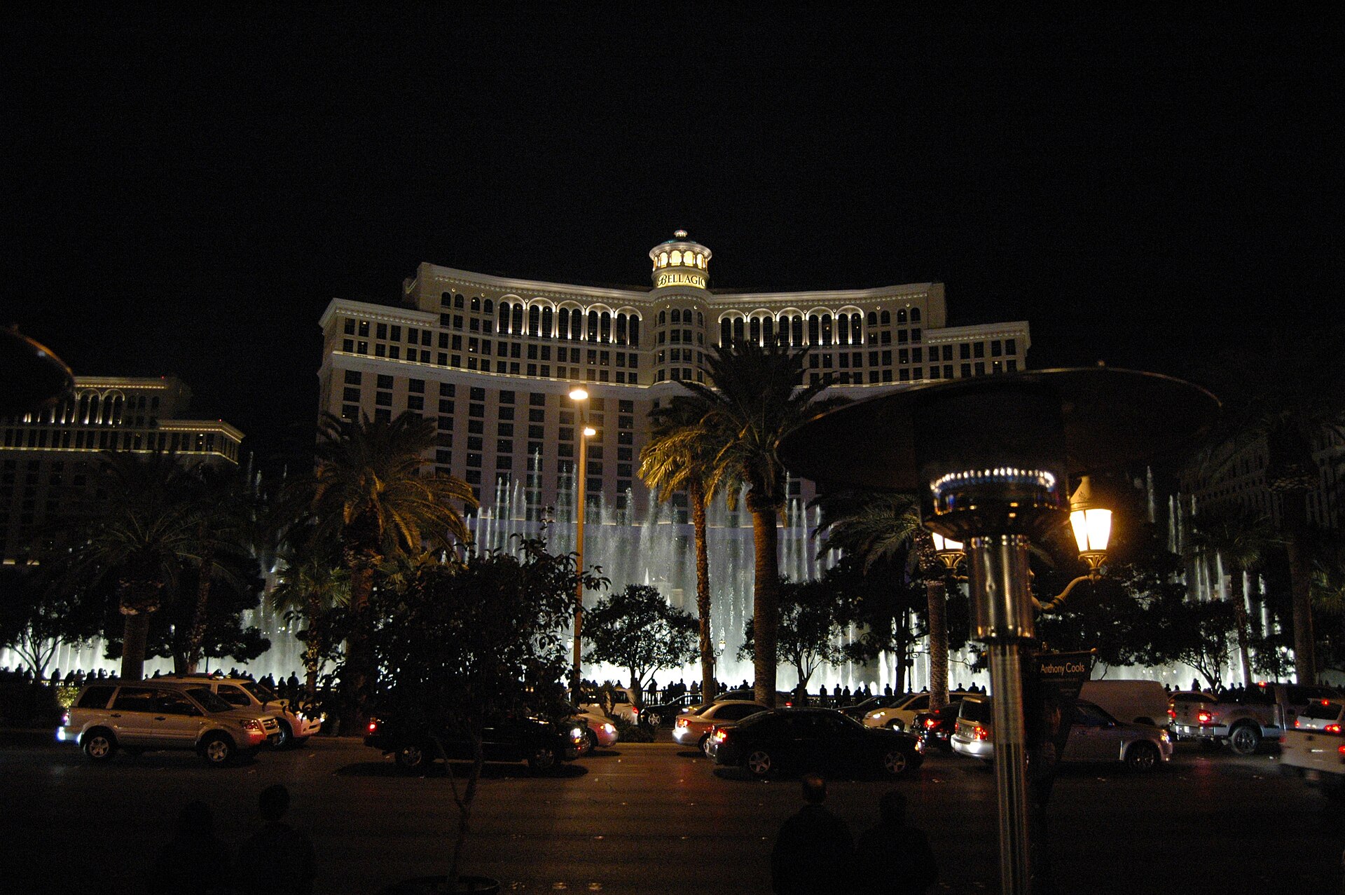 The Bellagio fountains seen from Mon Ami Gabi, across the Strip